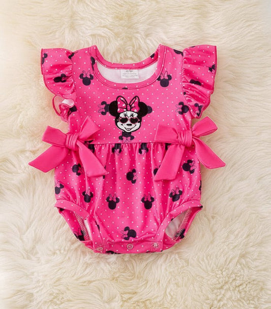 Fuschia M*nnie printed girls baby romper w/snaps. - Adalynn Leanne