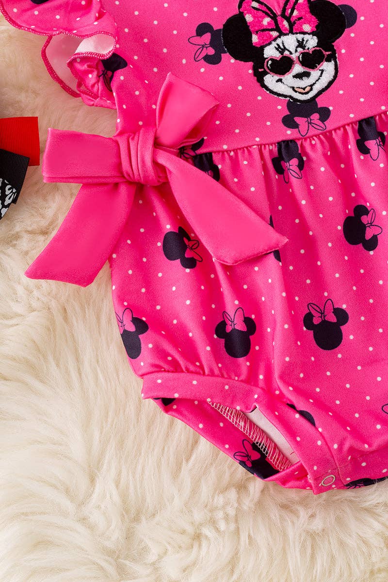 Fuschia M*nnie printed girls baby romper w/snaps. - Adalynn Leanne