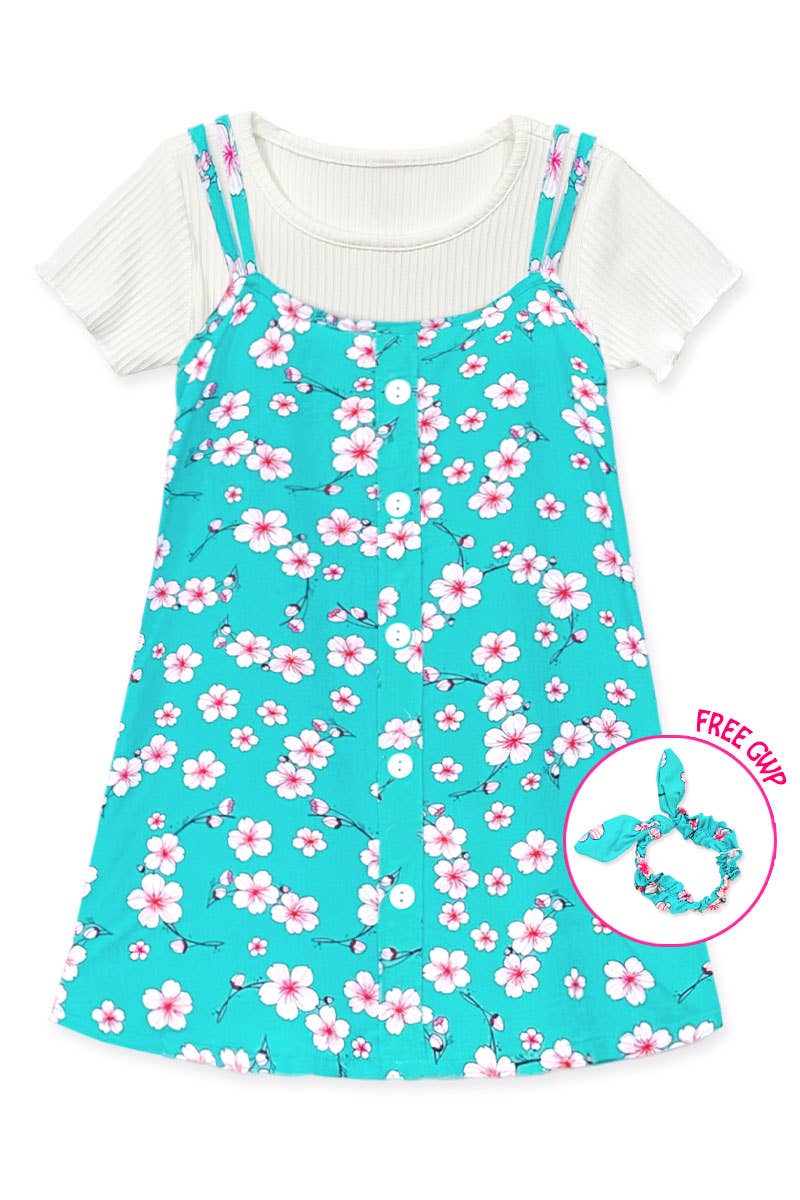 Girl's 2 pc Floral Dress & Ribbed Tee Set & scrunchie - Adalynn Leanne