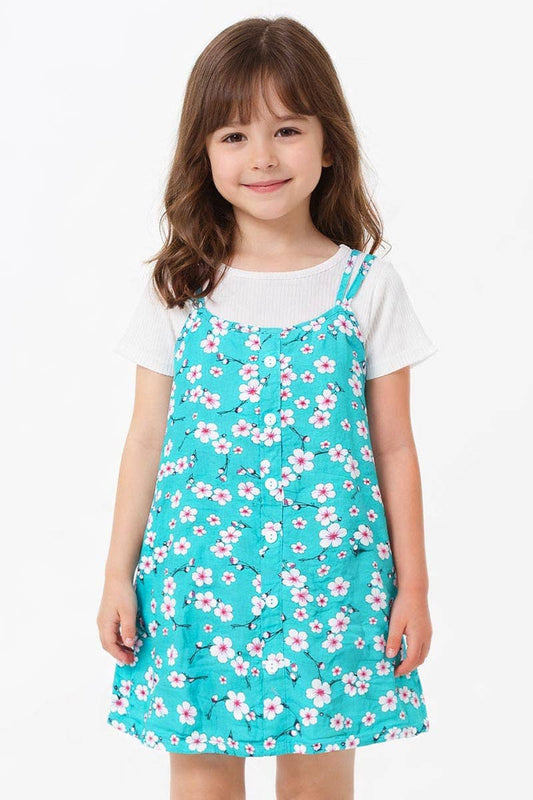Girl's 2 pc Floral Dress & Ribbed Tee Set & scrunchie - Adalynn Leanne