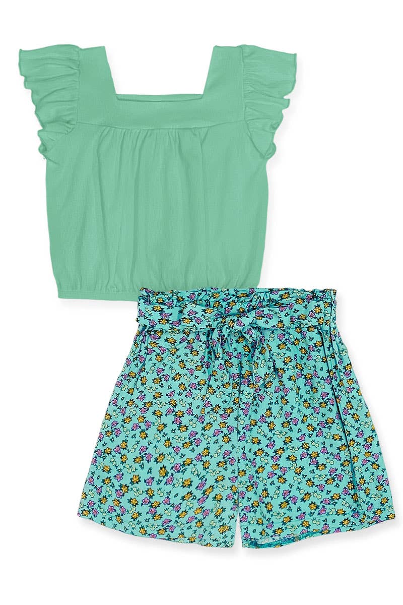 Girl's 2 pc Floral Short Set w/ Ribbed Top - Adalynn Leanne