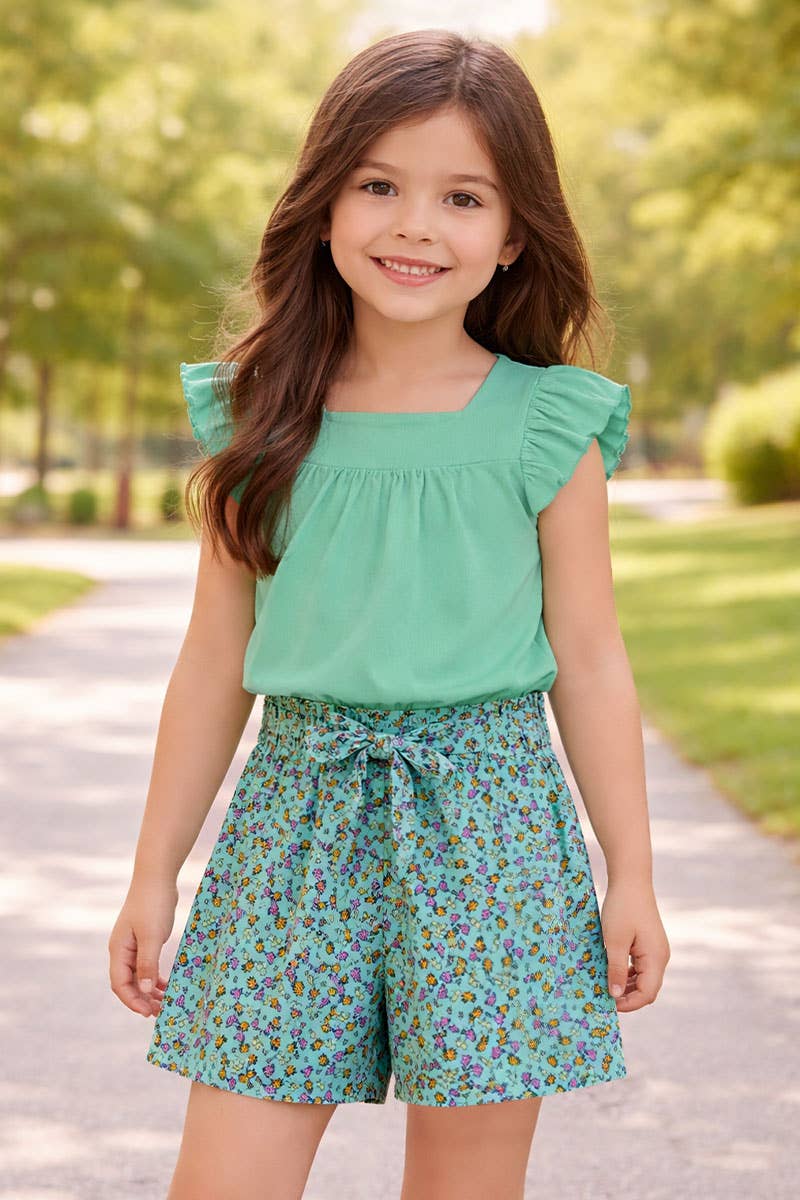 Girl's 2 pc Floral Short Set w/ Ribbed Top - Adalynn Leanne