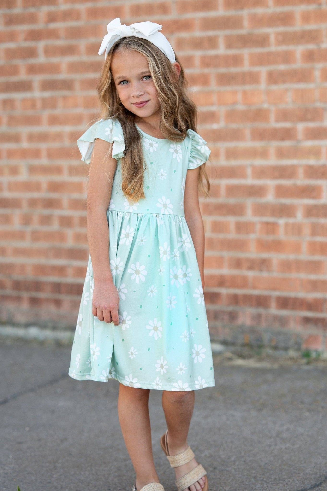 Girls Claire Sage Daisy Spring Easter Flutter Sleeve Dress - Adalynn Leanne