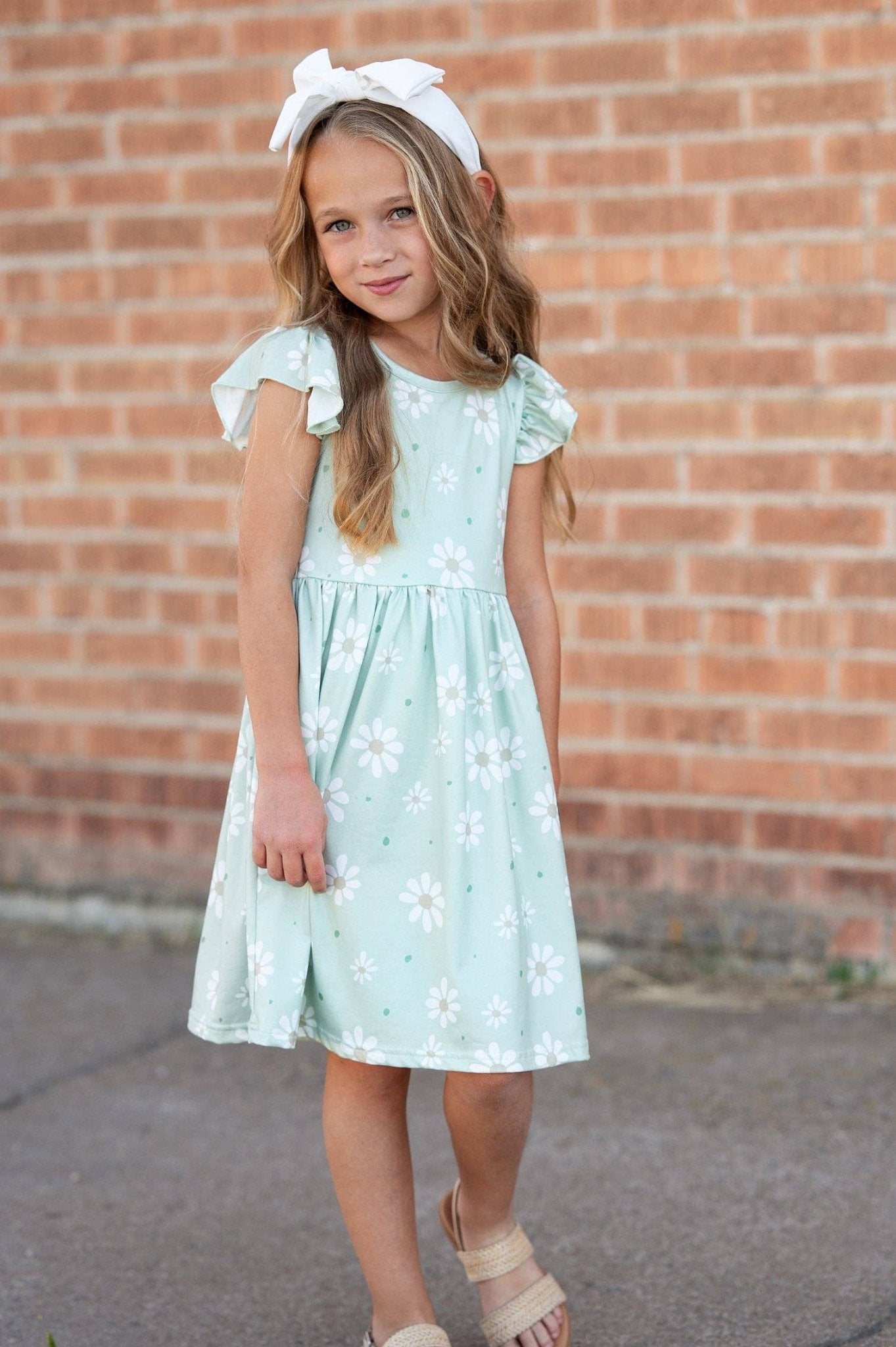 Girls Claire Sage Daisy Spring Easter Flutter Sleeve Dress - Adalynn Leanne