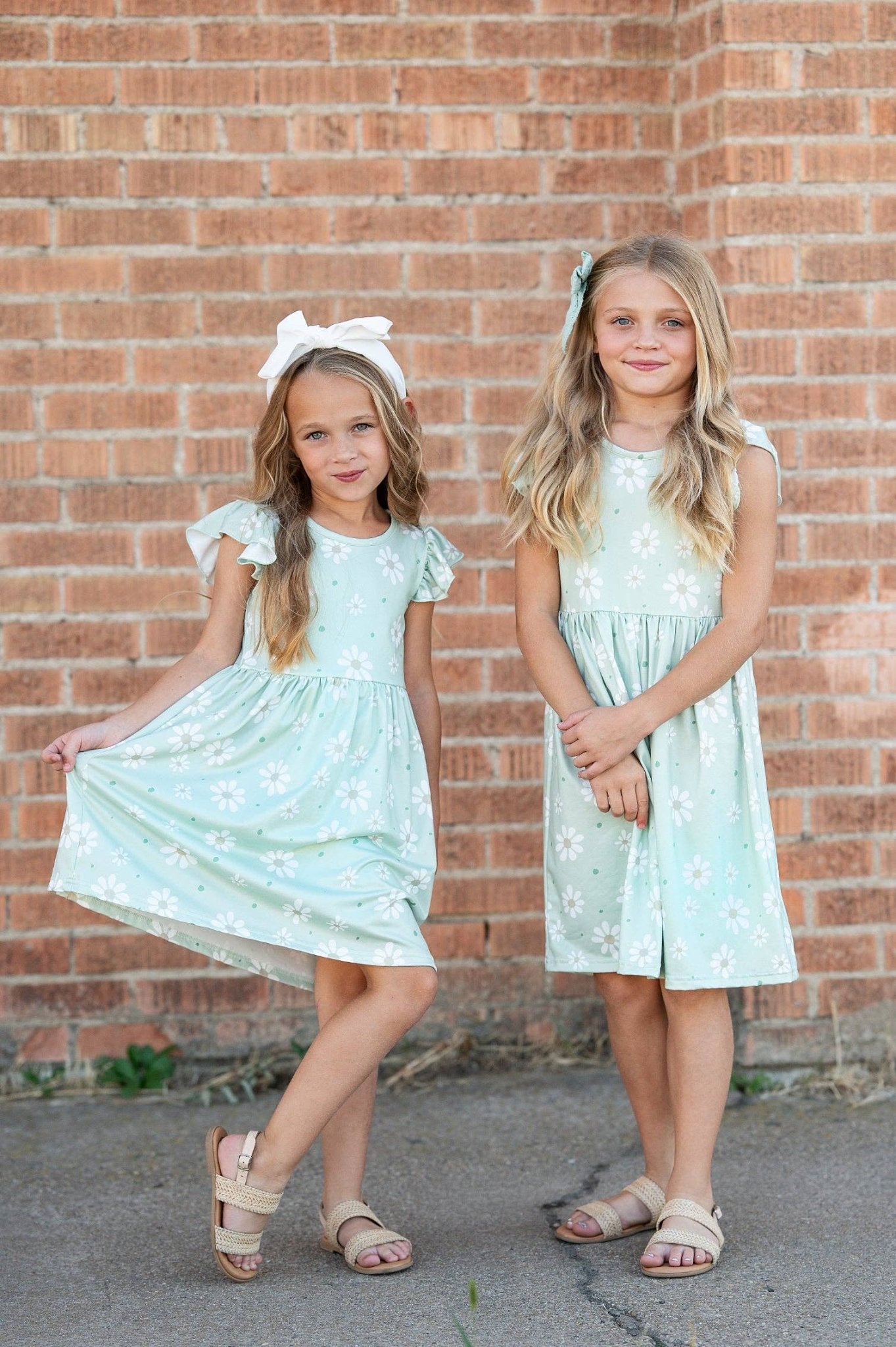 Girls Claire Sage Daisy Spring Easter Flutter Sleeve Dress - Adalynn Leanne