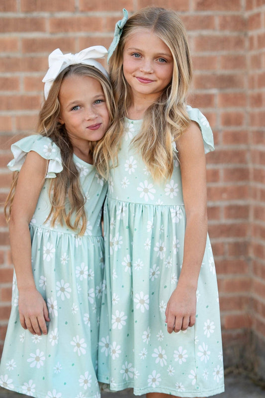 Girls Claire Sage Daisy Spring Easter Flutter Sleeve Dress - Adalynn Leanne