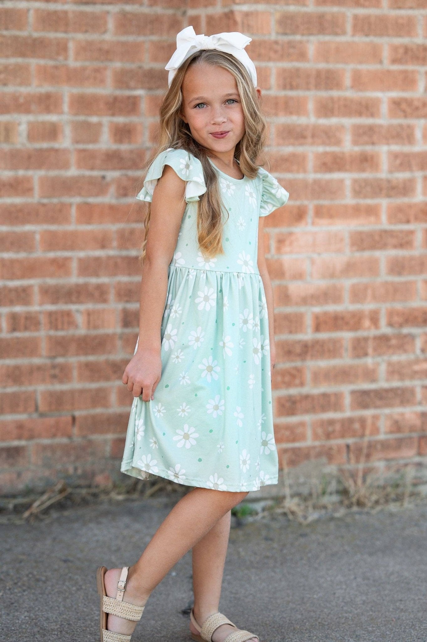 Girls Claire Sage Daisy Spring Easter Flutter Sleeve Dress - Adalynn Leanne