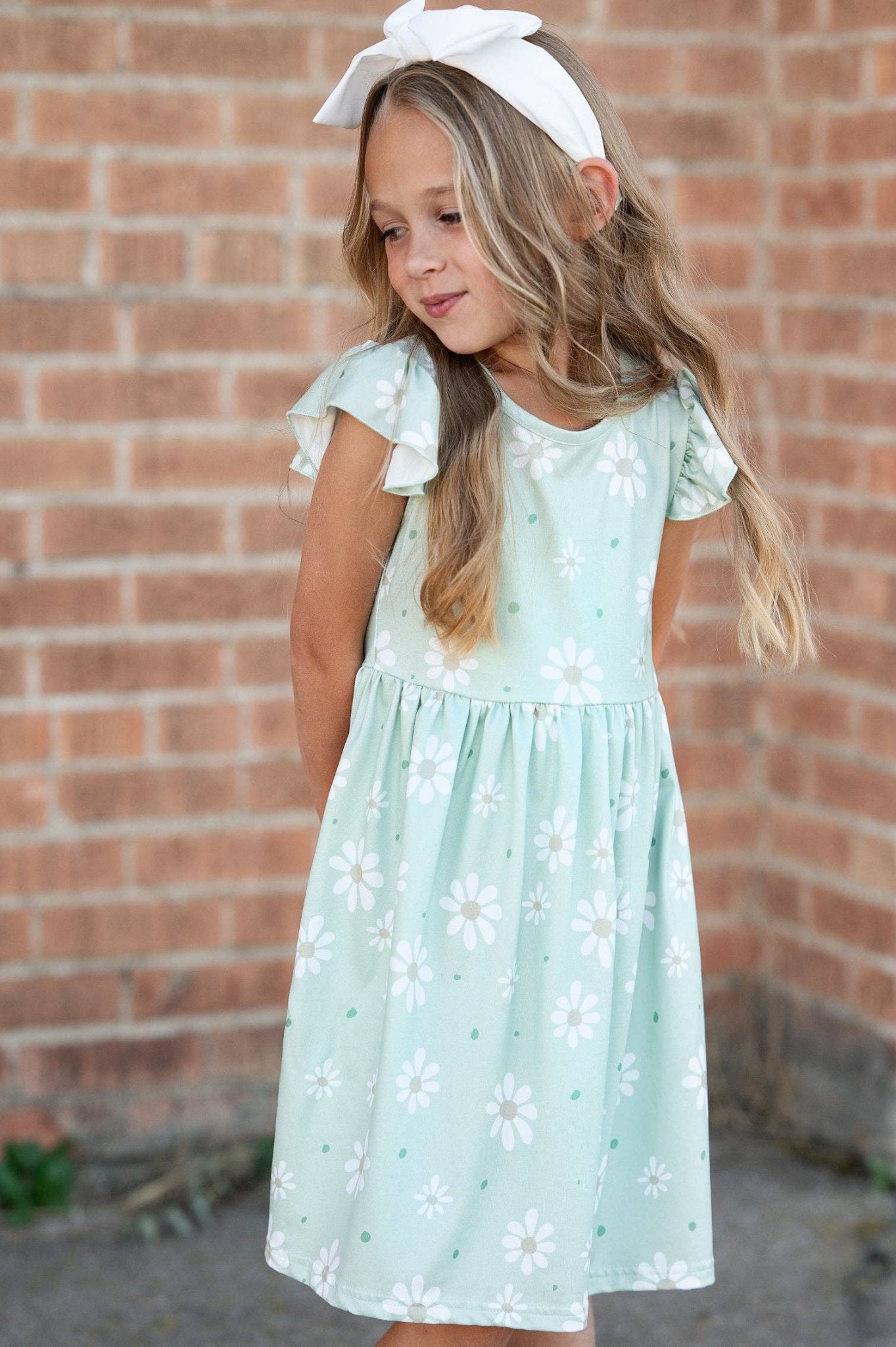 Girls Claire Sage Daisy Spring Easter Flutter Sleeve Dress - Adalynn Leanne