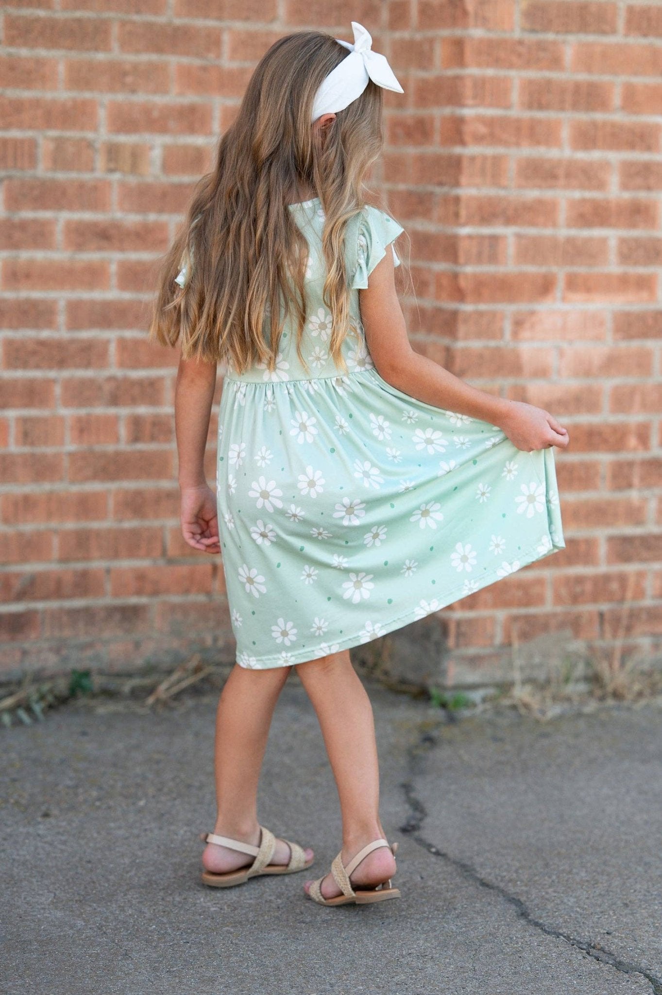 Girls Claire Sage Daisy Spring Easter Flutter Sleeve Dress - Adalynn Leanne