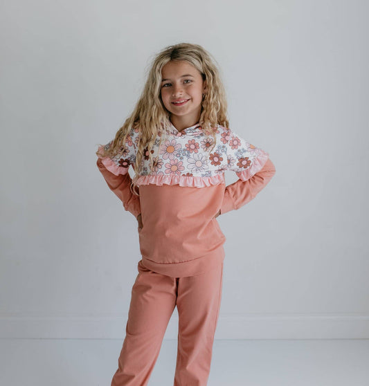 Girls Desert Tan Retro Flower Ruffle Hoodie Loungewear Set - Adalynn Leanne