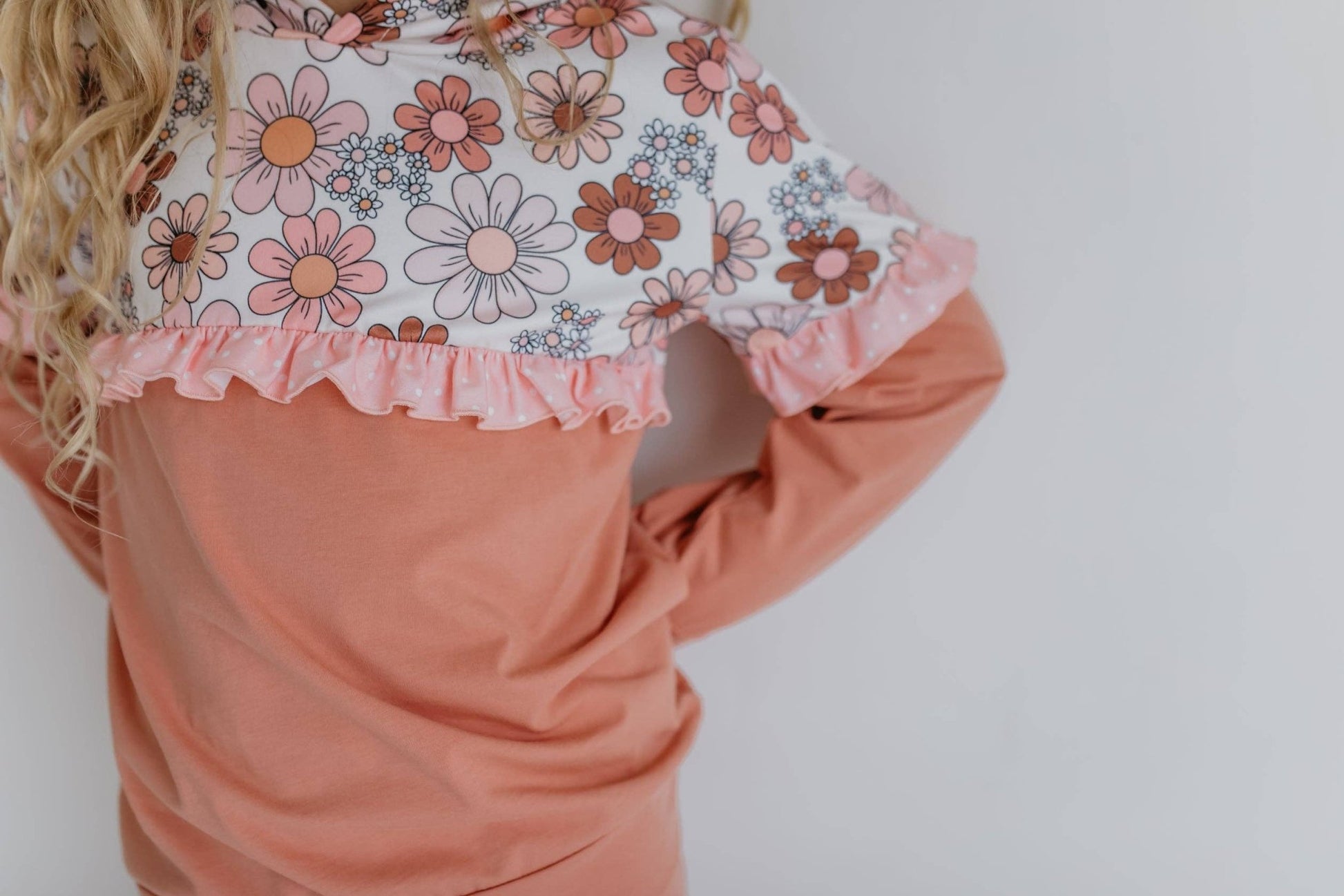 Girls Desert Tan Retro Flower Ruffle Hoodie Loungewear Set - Adalynn Leanne