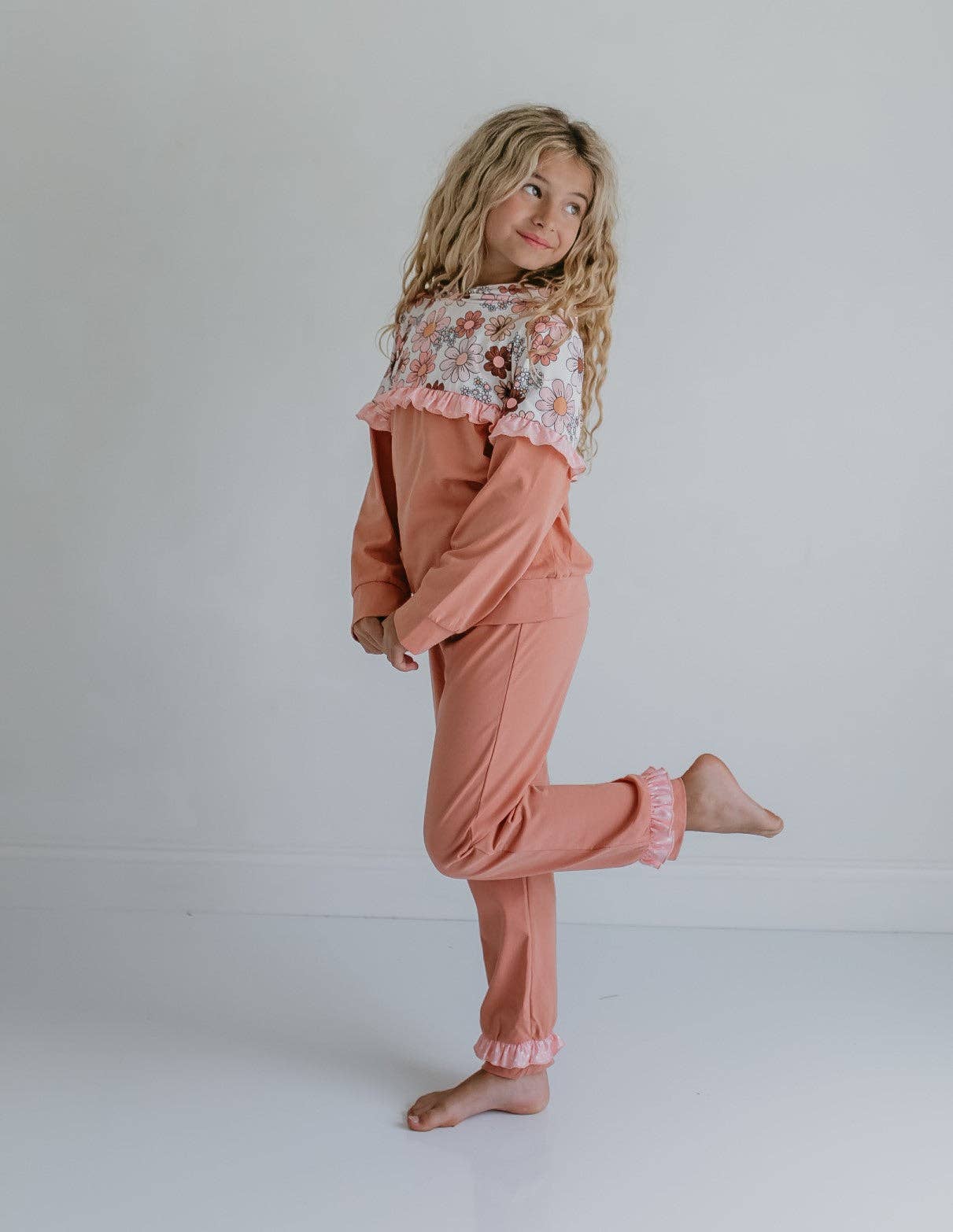 Girls Desert Tan Retro Flower Ruffle Hoodie Loungewear Set - Adalynn Leanne