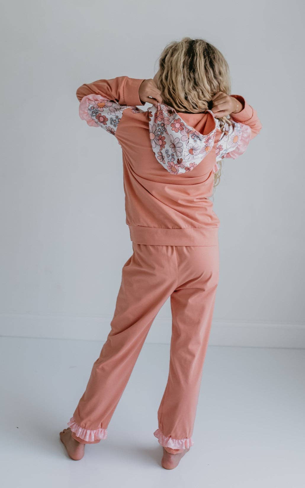 Girls Desert Tan Retro Flower Ruffle Hoodie Loungewear Set - Adalynn Leanne