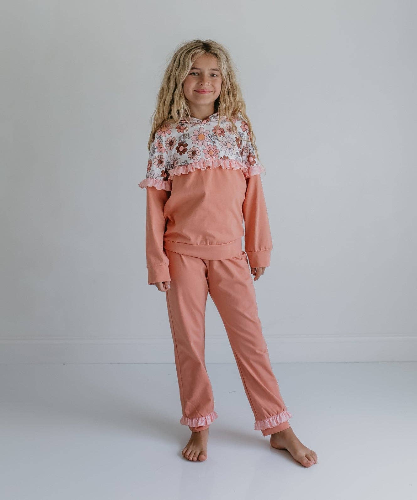 Girls Desert Tan Retro Flower Ruffle Hoodie Loungewear Set - Adalynn Leanne