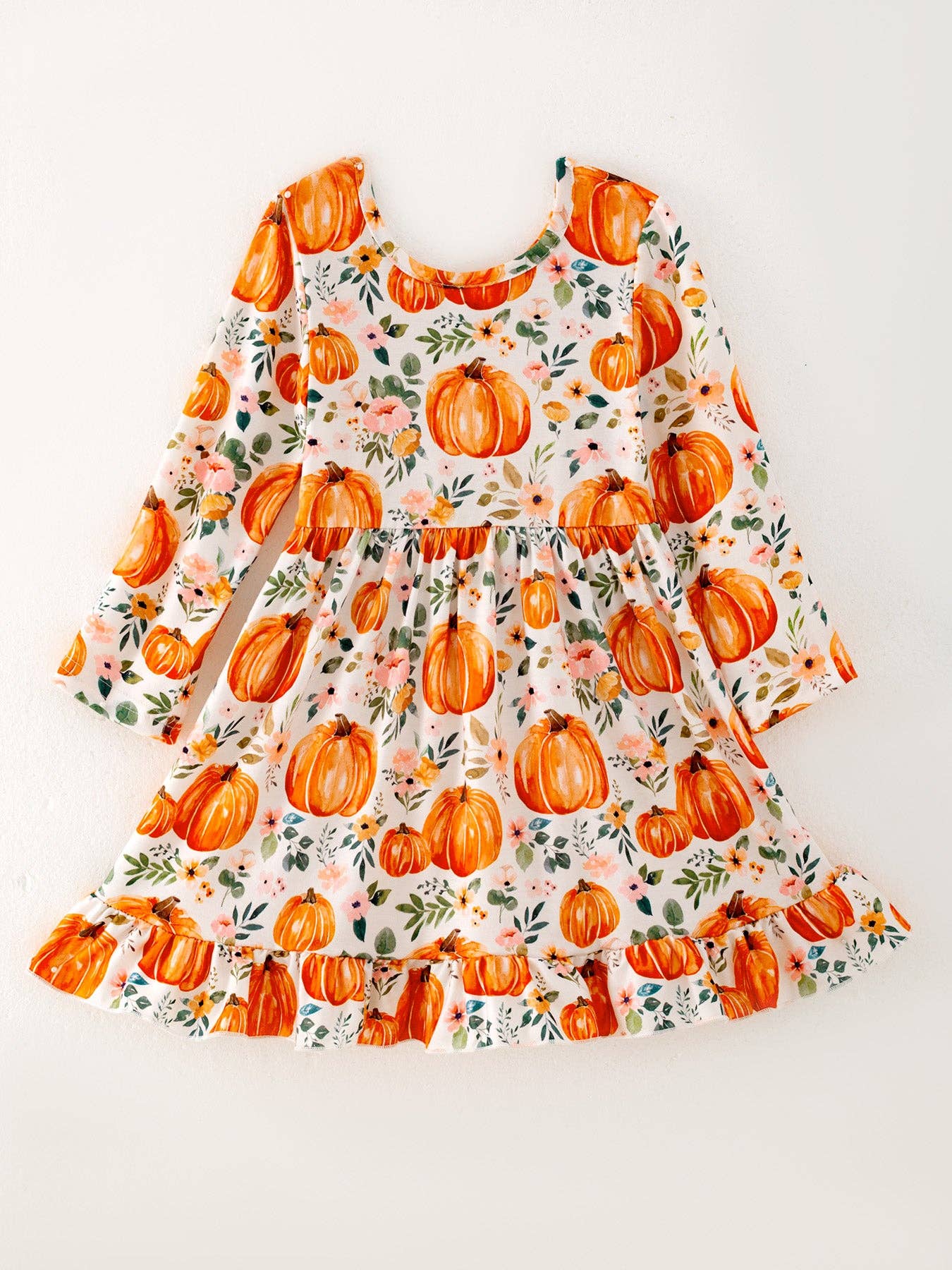 Girls Halloween Pumpkin Print Long Sleeve Dress - Adalynn Leanne