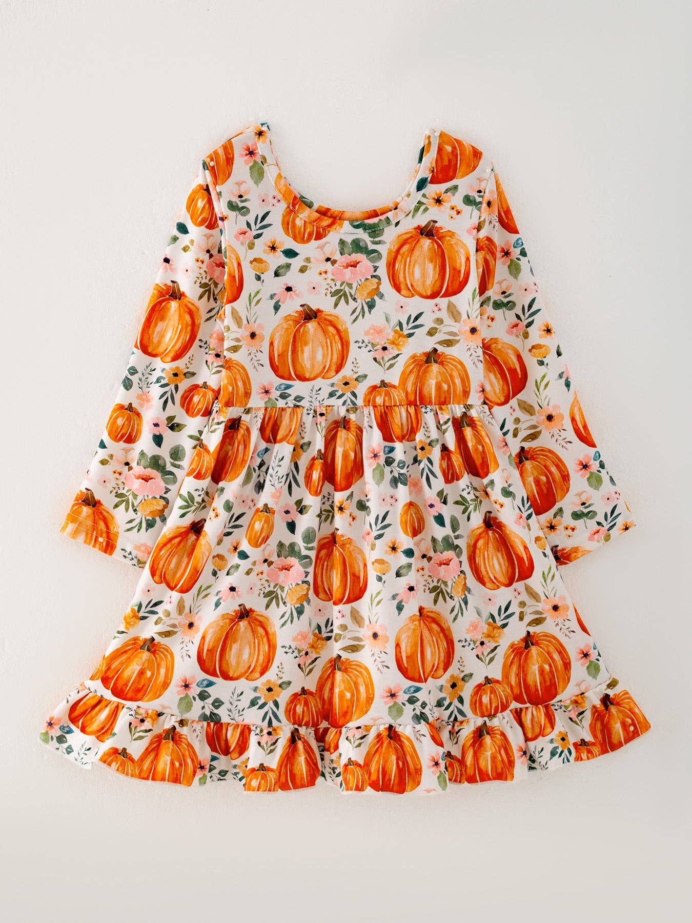 Girls Halloween Pumpkin Print Long Sleeve Dress - Adalynn Leanne