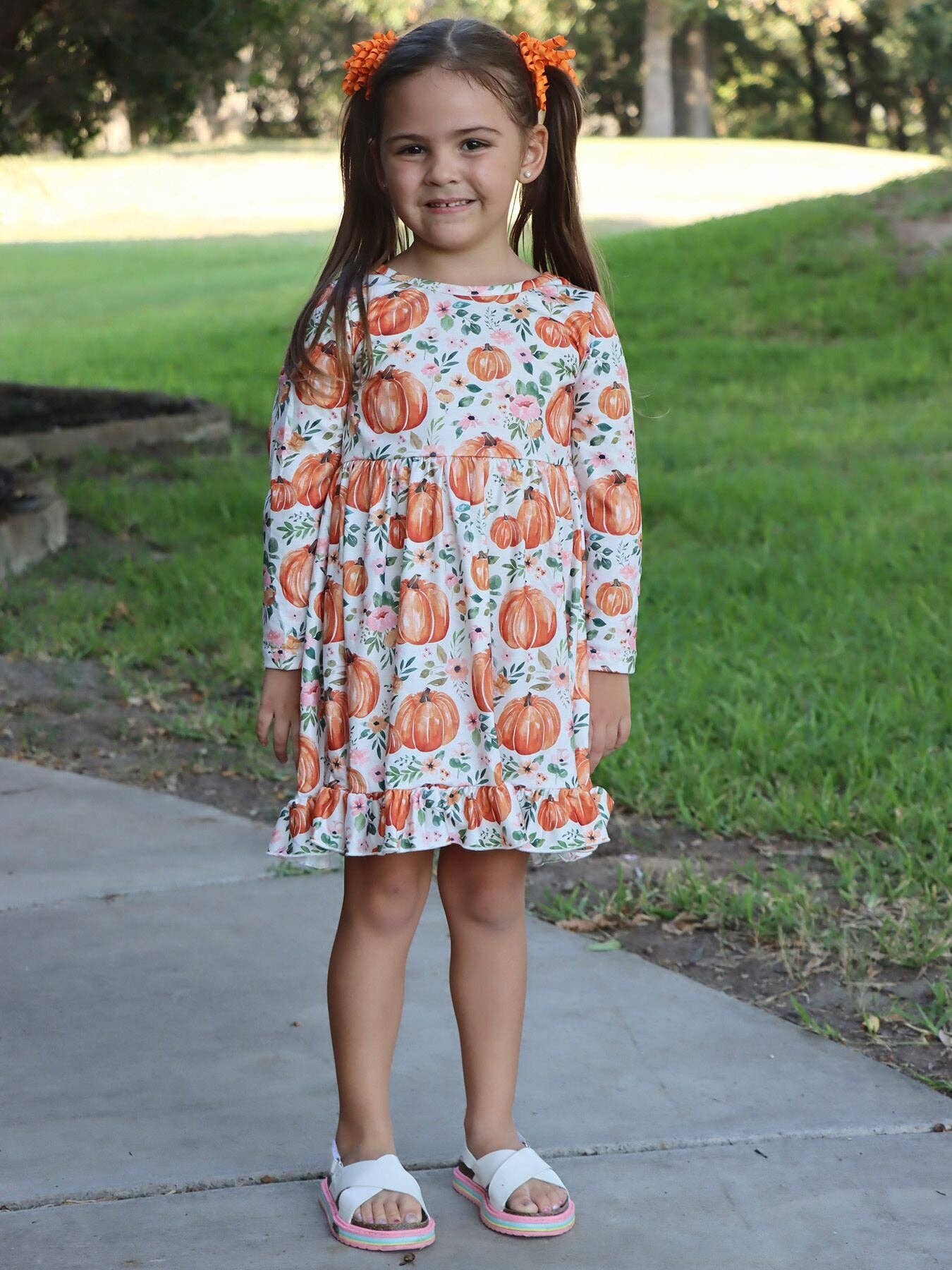 Girls Halloween Pumpkin Print Long Sleeve Dress - Adalynn Leanne