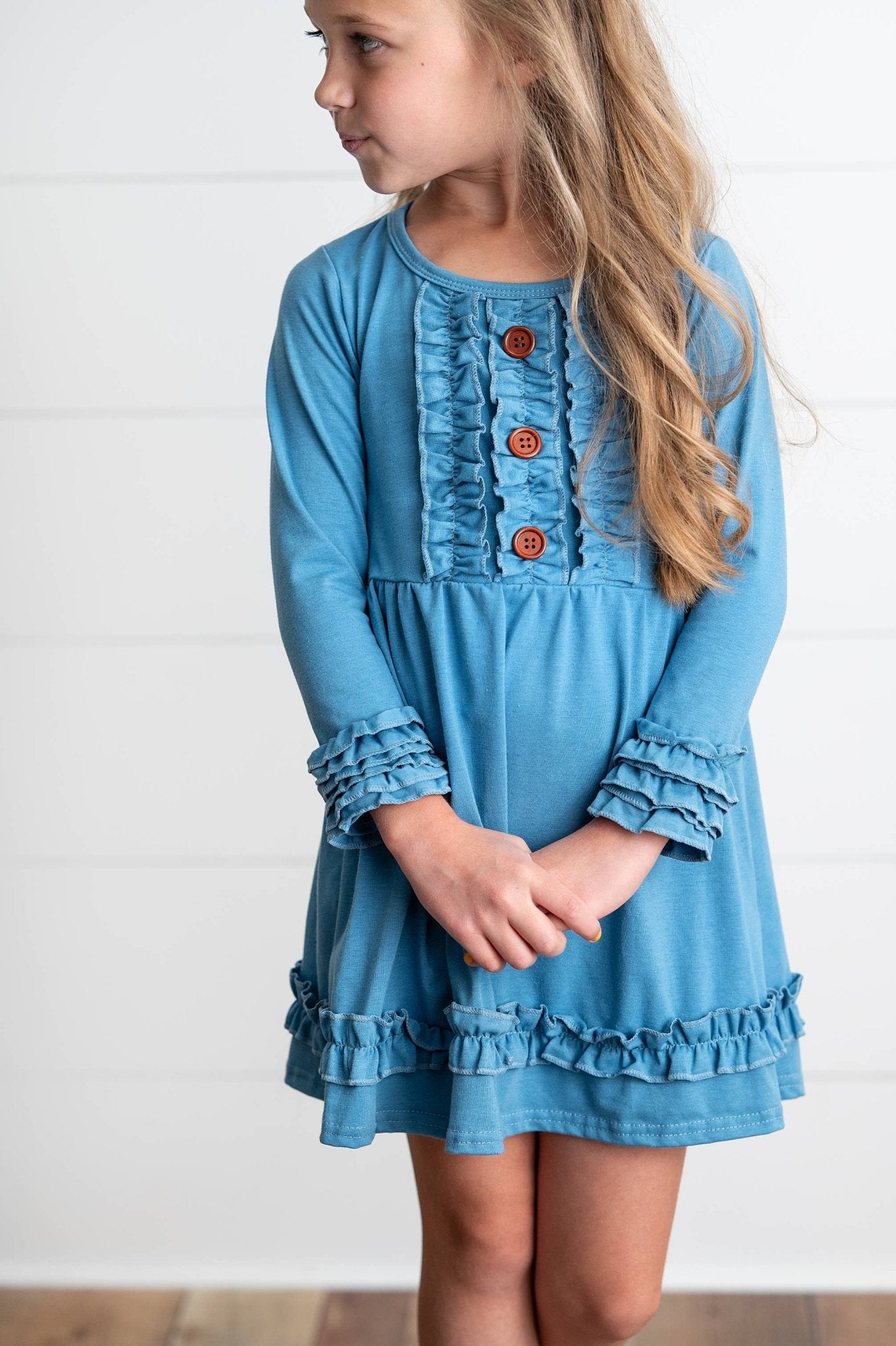 Blue Ruffle Long Sleeve Dress - Twirl-Worthy Fun for Girls ! Comfy & Stylish - Adalynn LeanneChildrens Clothing