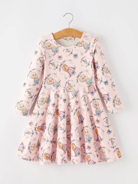 Girls Pink Bow Print Long Sleeve Twirl Dress - Adalynn Leanne