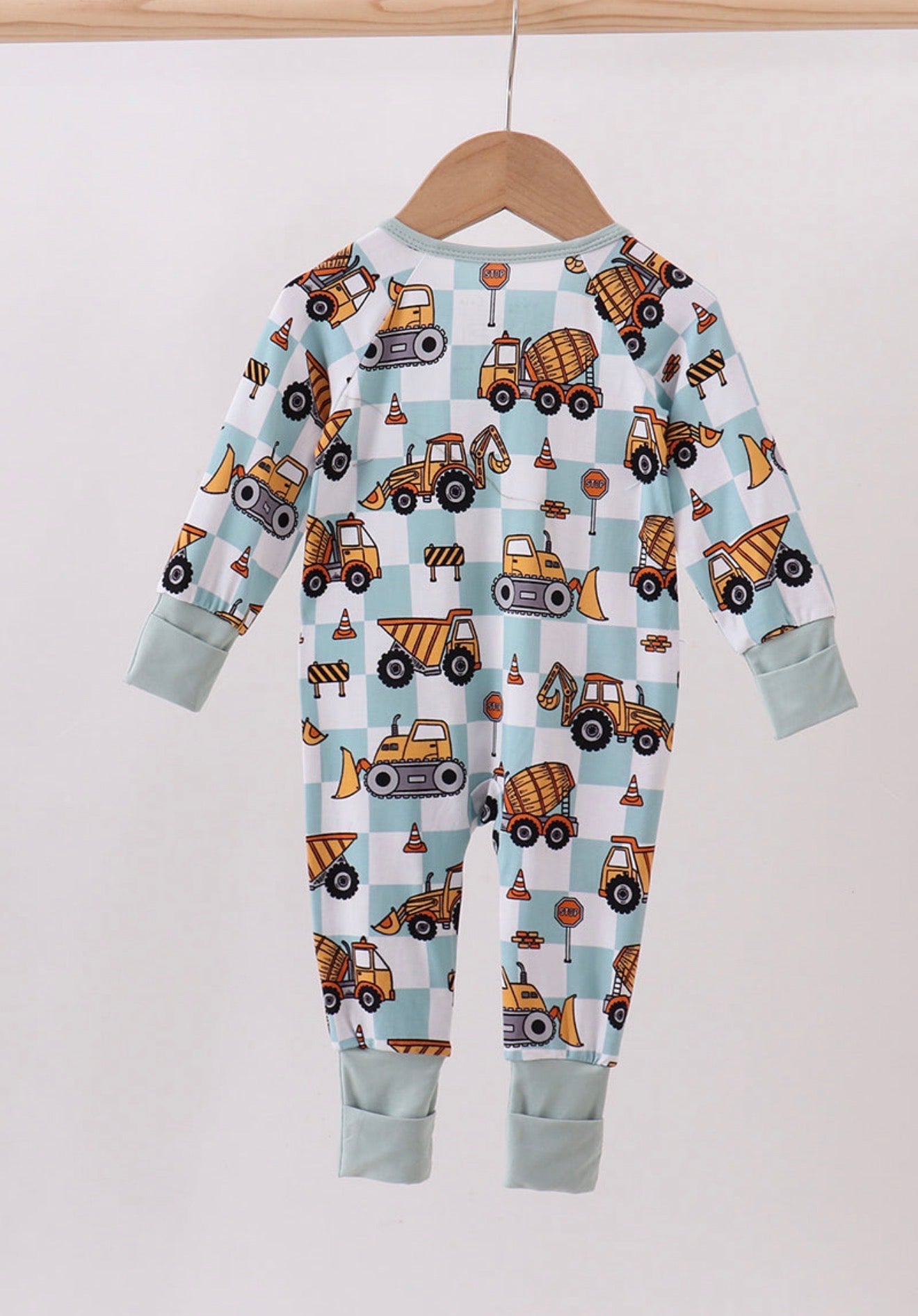 Green Excavator Checkered Print Sleeper - Adalynn Leanne