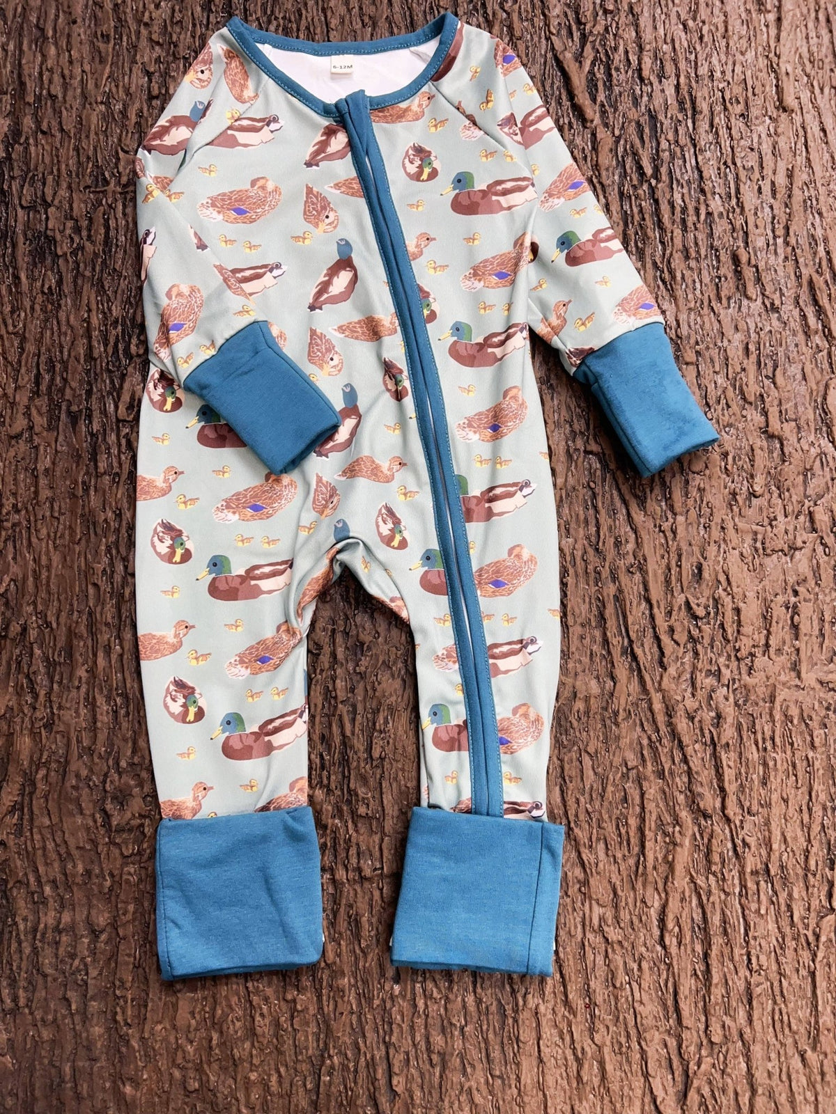 Green Mallard Duck printed baby romper w/foldable footie & hands. LR0425-7-SOL - Adalynn Leanne