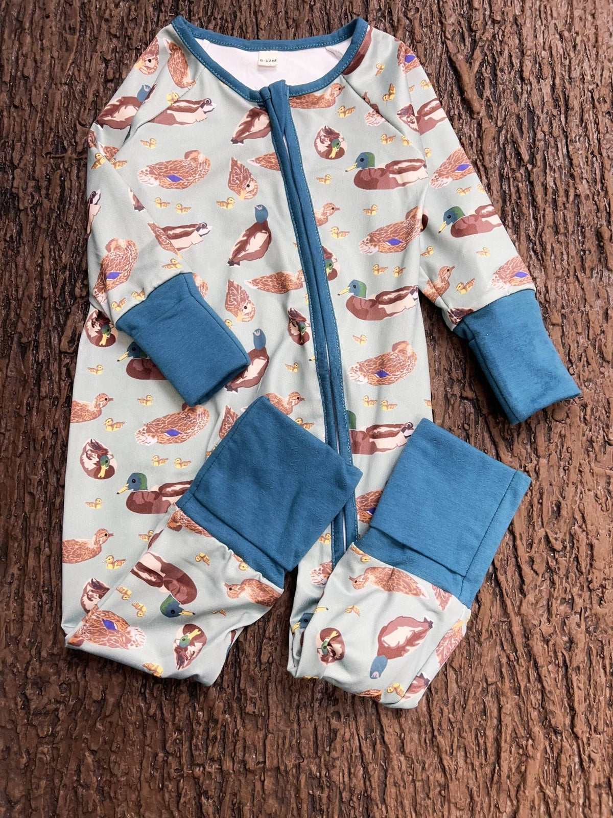 Green Mallard Duck printed baby romper w/foldable footie & hands. LR0425-7-SOL - Adalynn Leanne