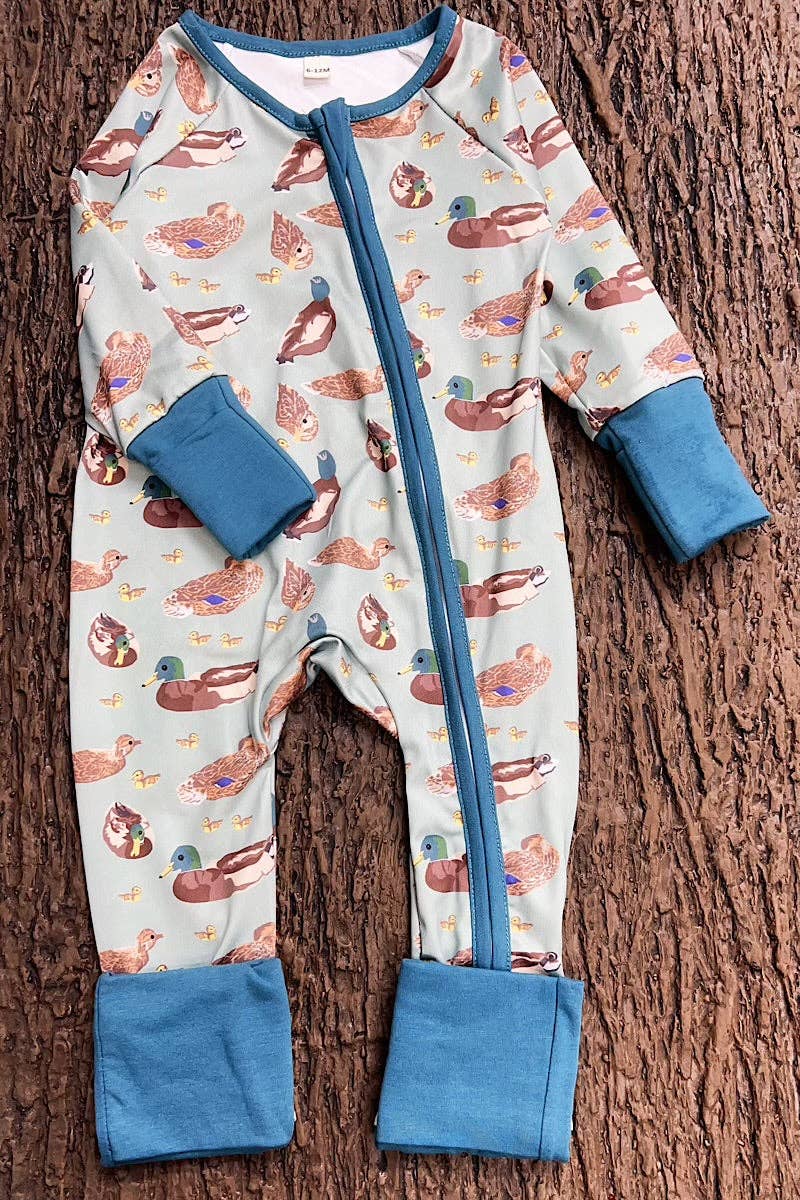 Green Mallard Duck printed baby romper w/foldable footie & hands. LR0425-7-SOL - Adalynn Leanne