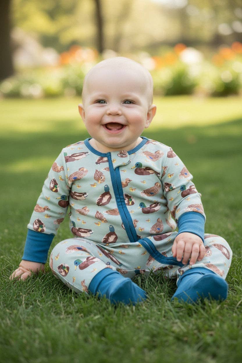 Green Mallard Duck printed baby romper w/foldable footie & hands. LR0425-7-SOL - Adalynn Leanne