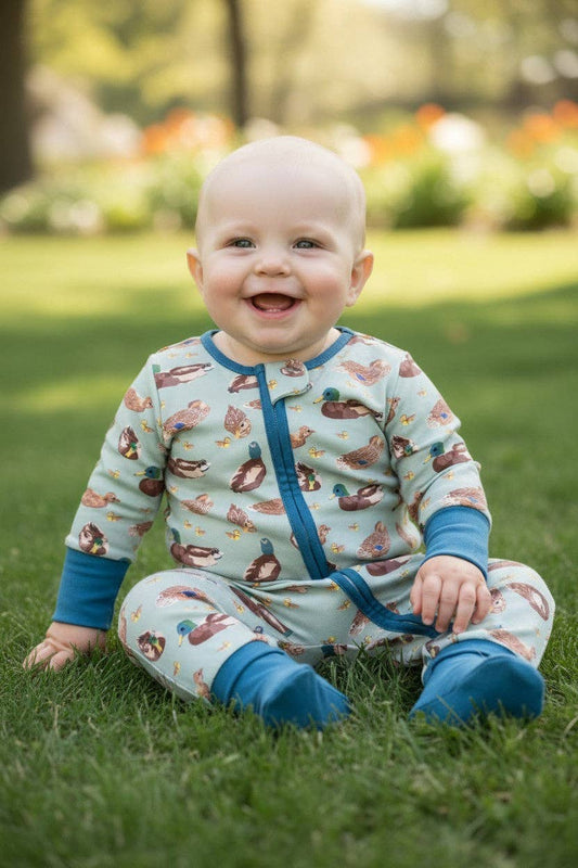 Green Mallard Duck printed baby romper w/foldable footie & hands. LR0425-7-SOL - Adalynn Leanne
