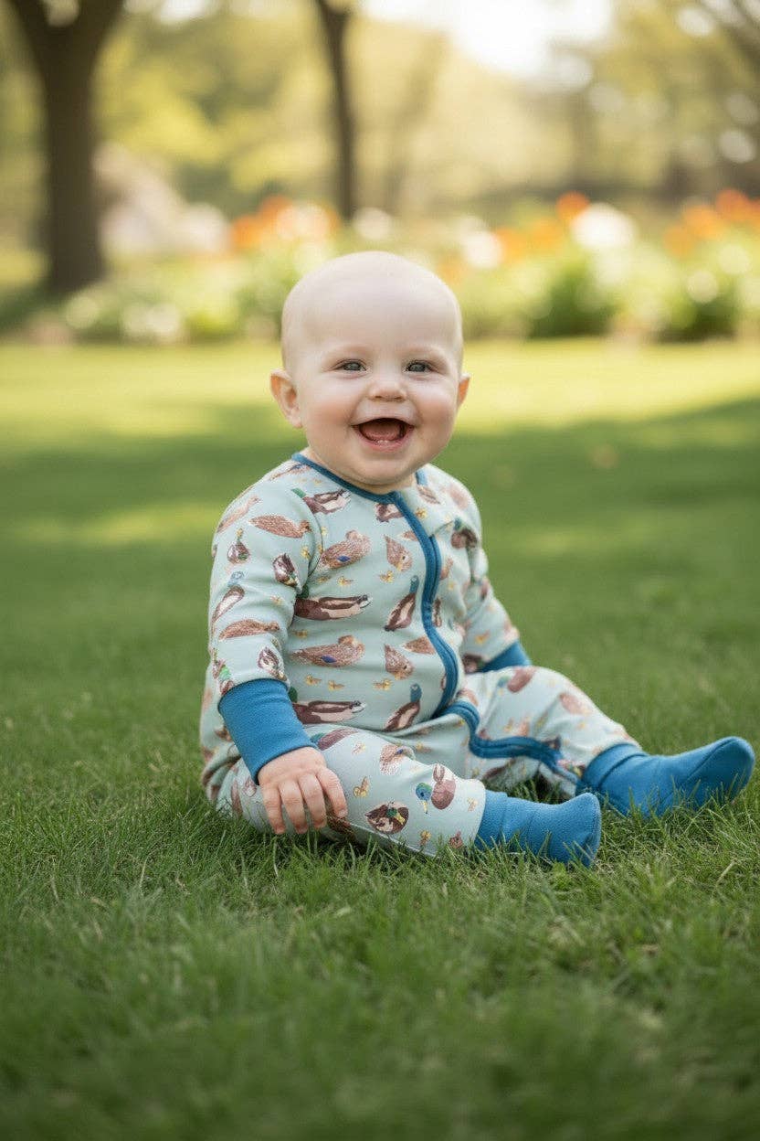 Green Mallard Duck printed baby romper w/foldable footie & hands. LR0425-7-SOL - Adalynn Leanne