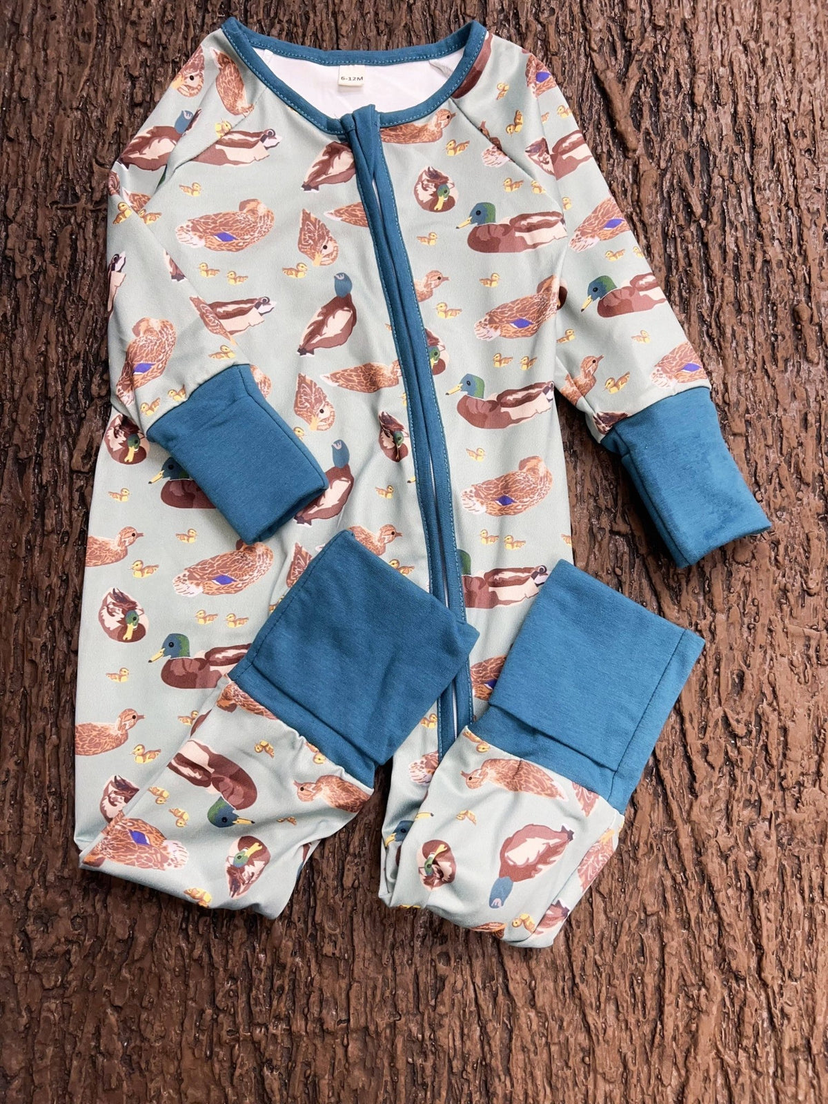 Green Mallard Duck printed baby romper w/foldable footie & hands. LR0425-7-SOL - Adalynn Leanne