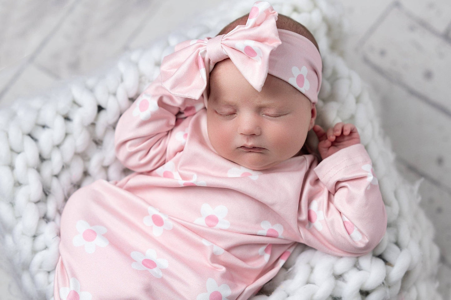 Infant Girls Pink Dainty Flower Baby Gown and Bow Headband - Adalynn Leanne