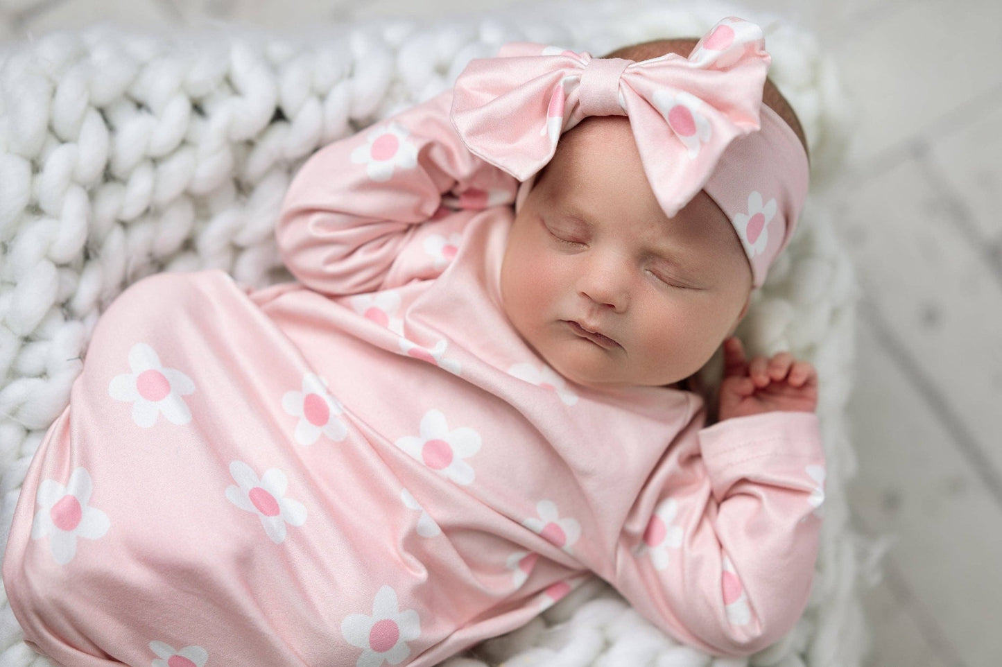 Infant Girls Pink Dainty Flower Baby Gown and Bow Headband - Adalynn Leanne