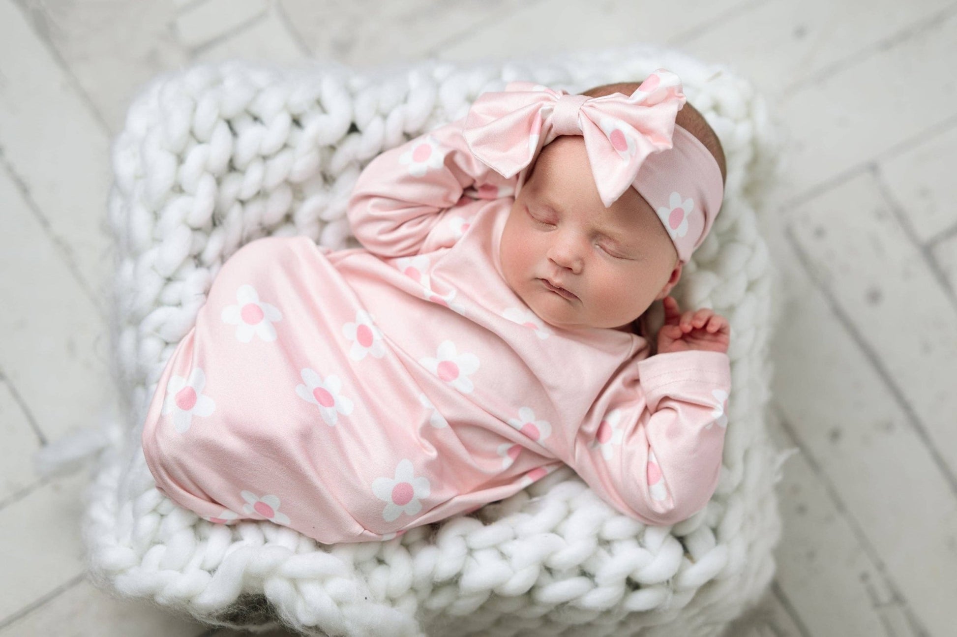 Infant Girls Pink Dainty Flower Baby Gown and Bow Headband - Adalynn Leanne
