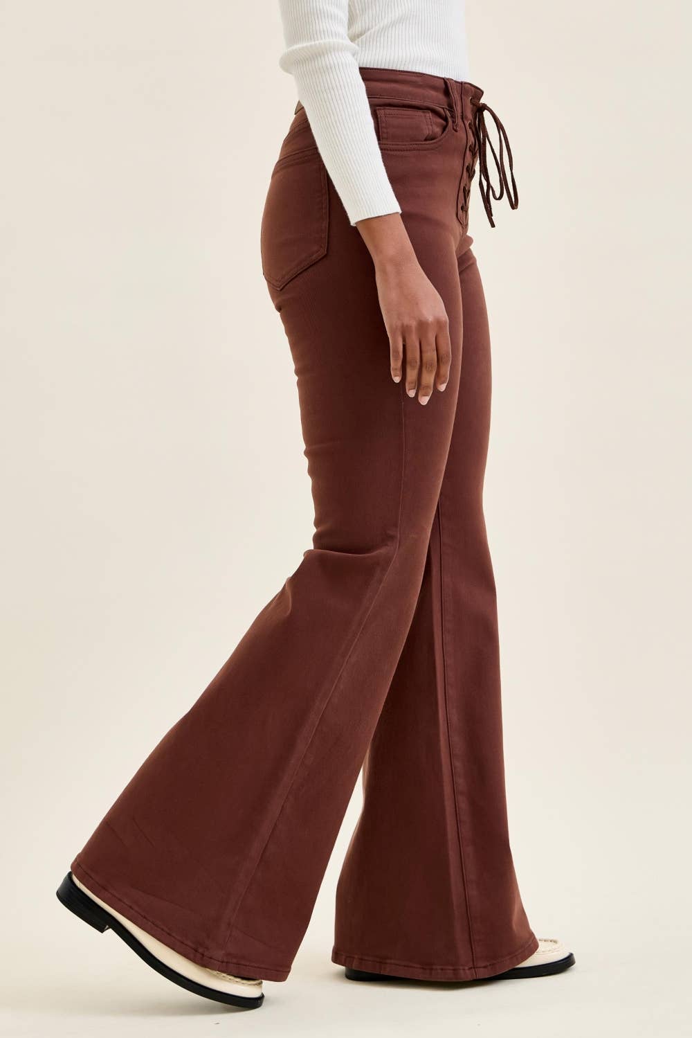 Judy Blue High Waisted JAQUELINE Flare w/ Lace Up Cocoa Brown Pants - Adalynn Leanne