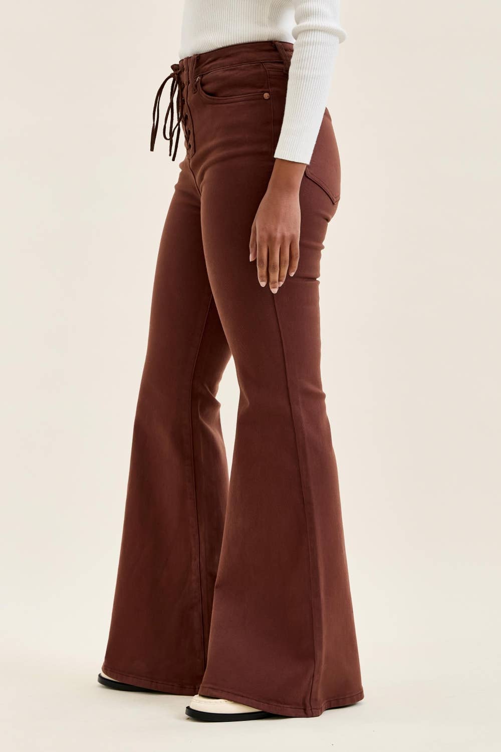 Judy Blue High Waisted JAQUELINE Flare w/ Lace Up Cocoa Brown Pants - Adalynn Leanne
