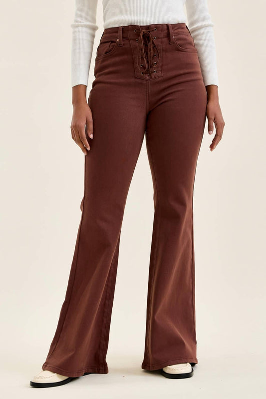 Judy Blue High Waisted JAQUELINE Flare w/ Lace Up Cocoa Brown Pants - Adalynn Leanne