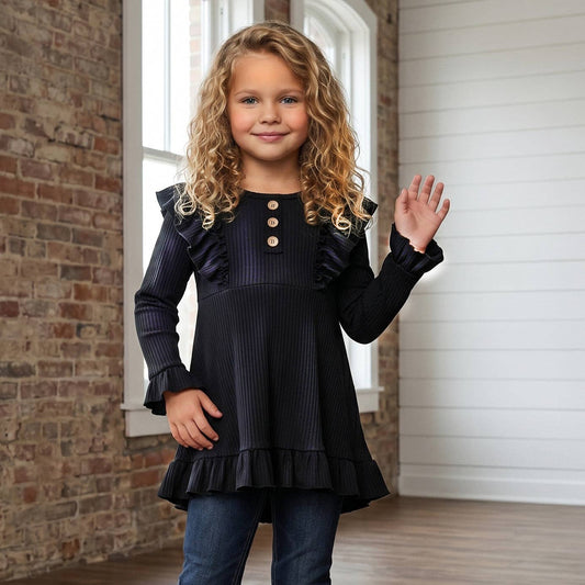 Kids Black Ribbed Long Sleeve Button Ruffle Shirt - Adalynn Leanne