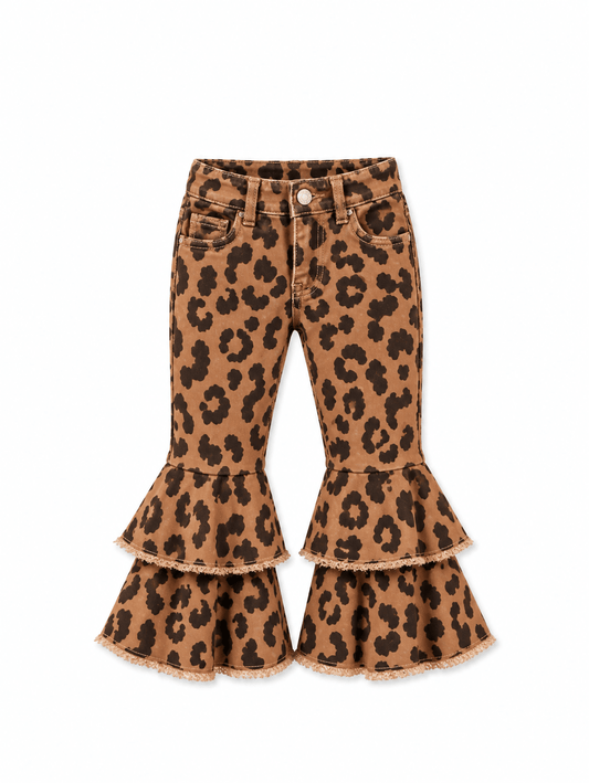 Kids Leopard Double Denim Ruffle Pant Jeans - Adalynn Leanne