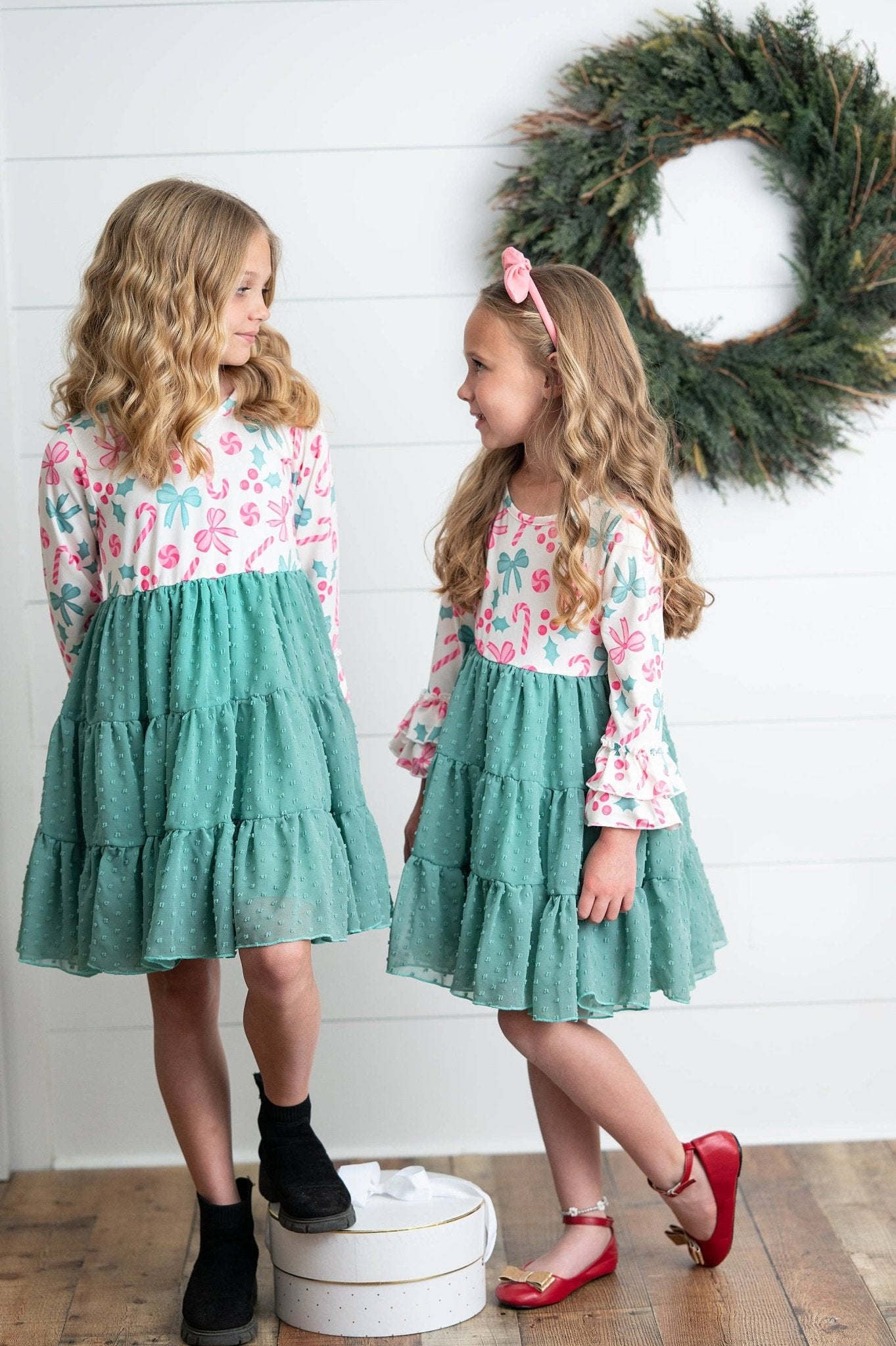 Kids Peppermint Candy Bow Holiday Swiss Dot Ruffle Dress - Adalynn Leanne