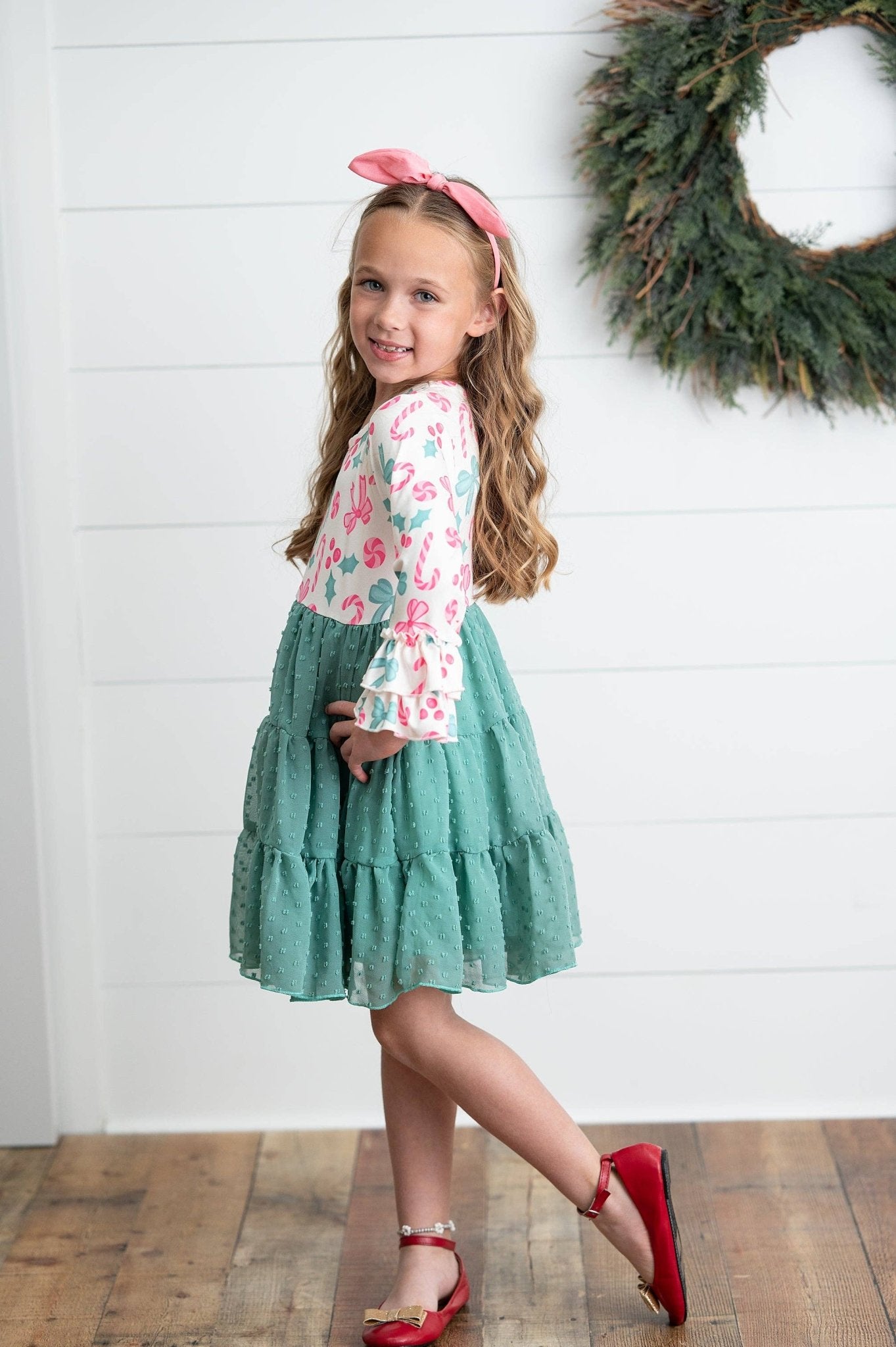 Kids Peppermint Candy Bow Holiday Swiss Dot Ruffle Dress - Adalynn Leanne