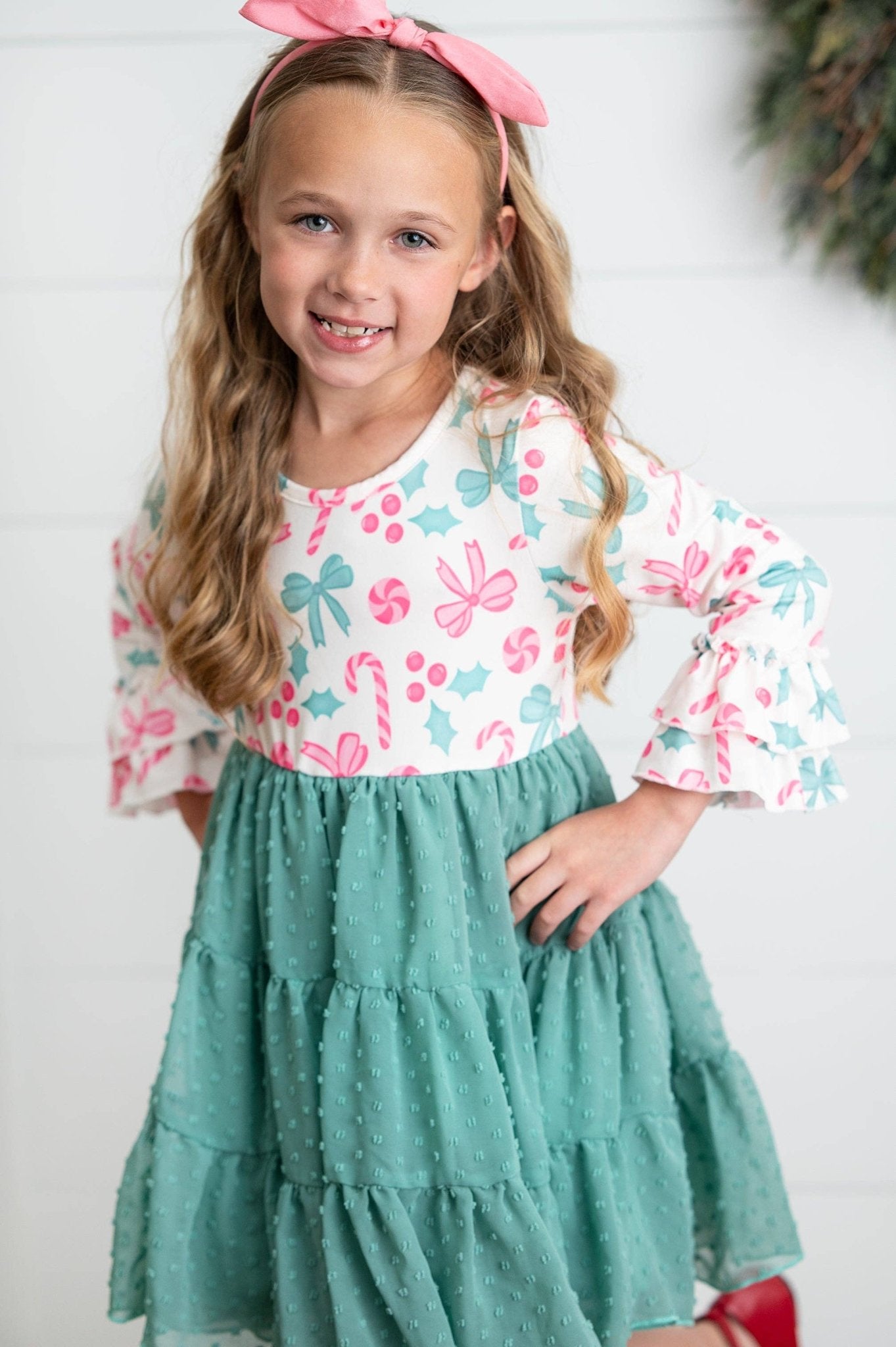 Kids Peppermint Candy Bow Holiday Swiss Dot Ruffle Dress - Adalynn Leanne