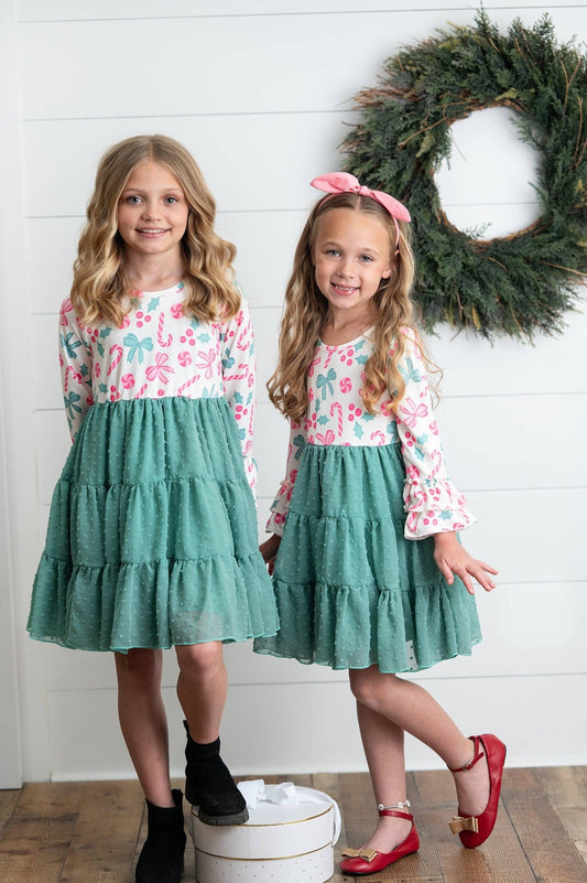 Kids Peppermint Candy Bow Holiday Swiss Dot Ruffle Dress - Adalynn Leanne