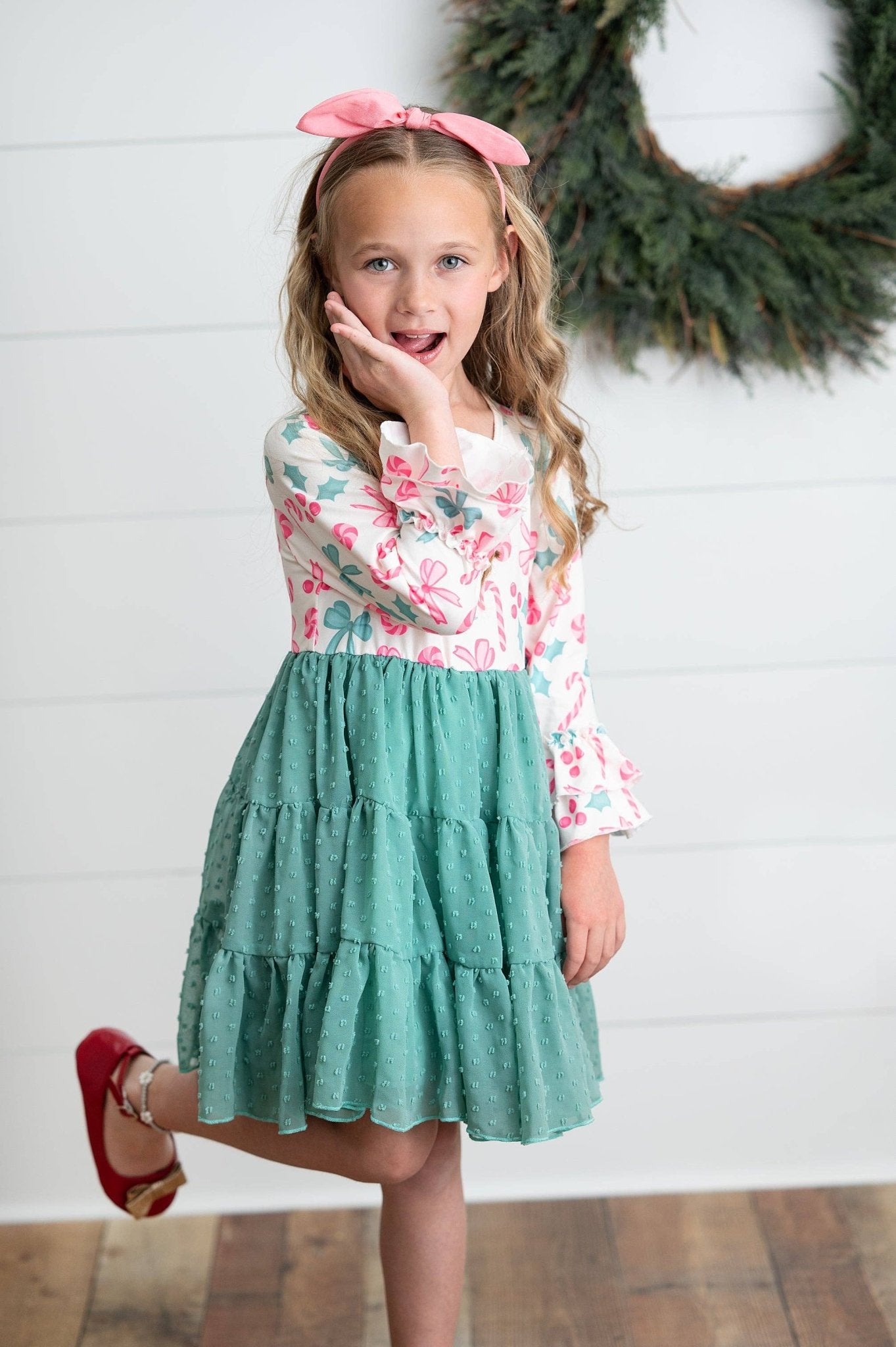 Kids Peppermint Candy Bow Holiday Swiss Dot Ruffle Dress - Adalynn Leanne