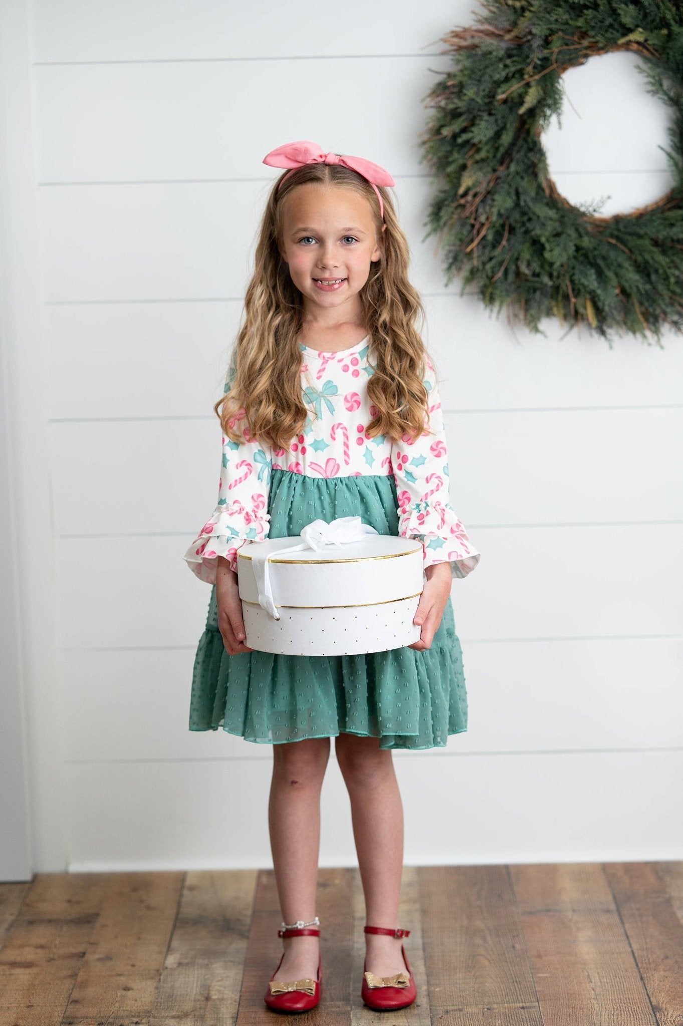 Kids Peppermint Candy Bow Holiday Swiss Dot Ruffle Dress - Adalynn Leanne