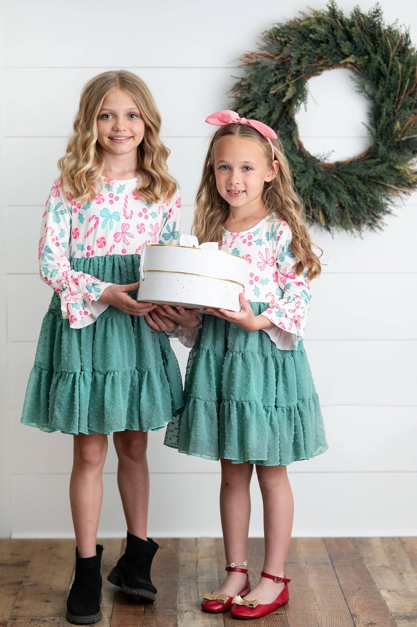 Kids Peppermint Candy Bow Holiday Swiss Dot Ruffle Dress - Adalynn Leanne