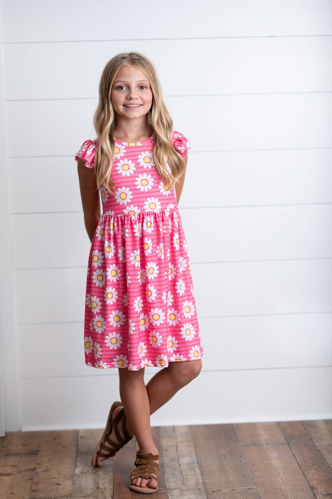 Kids Spring Summer Hot Pink Striped Pink Daisy Flutter Dress - Adalynn Leanne