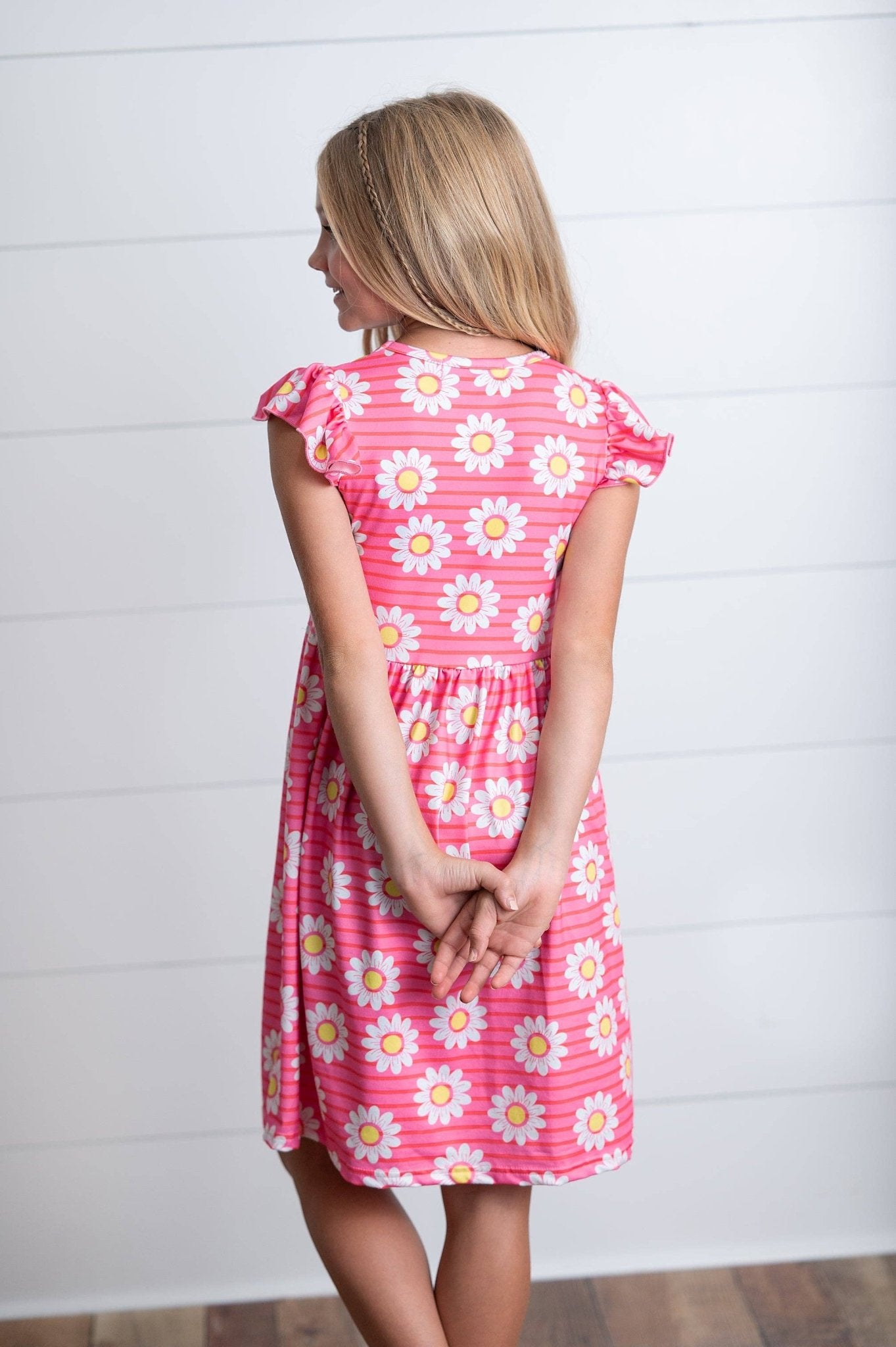 Kids Spring Summer Hot Pink Striped Pink Daisy Flutter Dress - Adalynn Leanne
