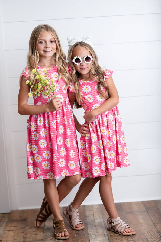 Kids Spring Summer Hot Pink Striped Pink Daisy Flutter Dress - Adalynn Leanne