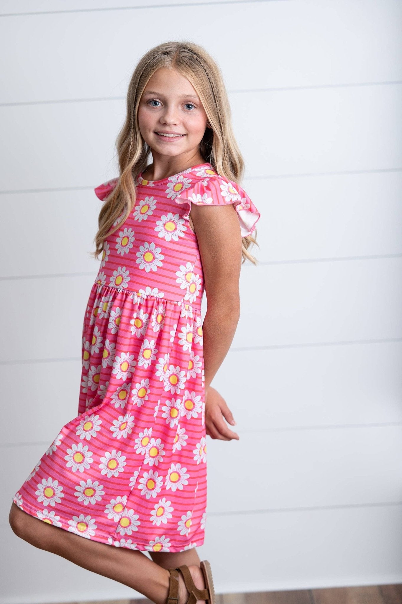 Kids Spring Summer Hot Pink Striped Pink Daisy Flutter Dress - Adalynn Leanne